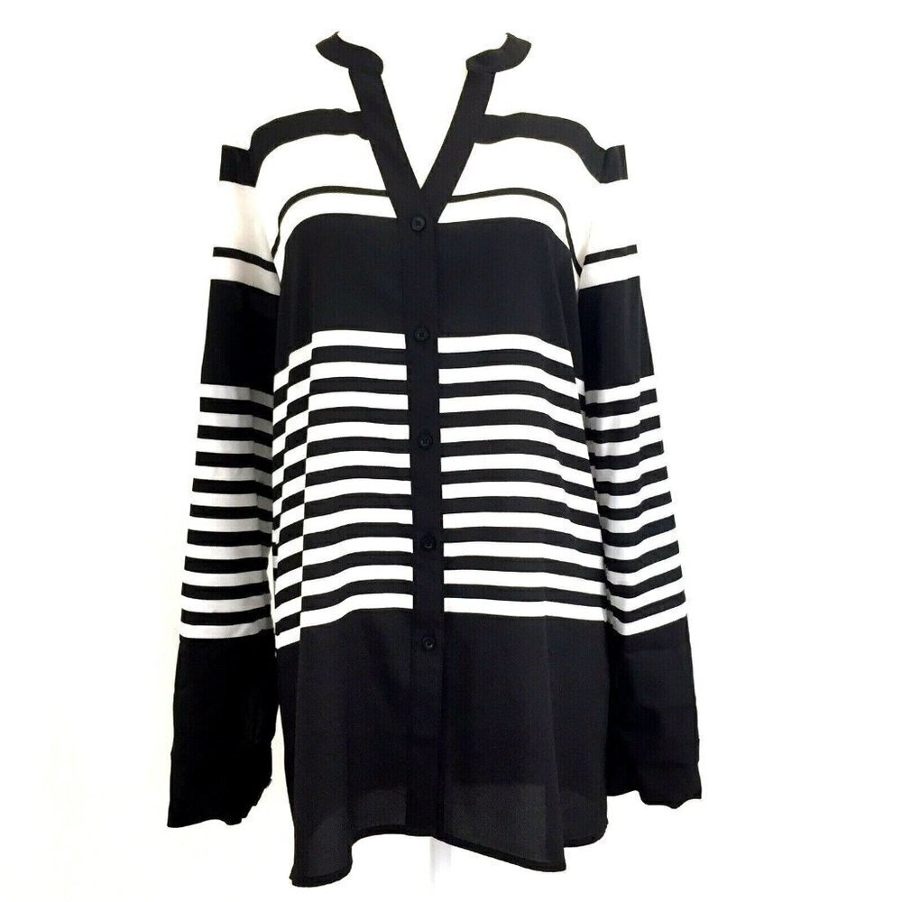 Calvin Klein Blouse size Small Sheer Button Front L/S High Low Hem Black White